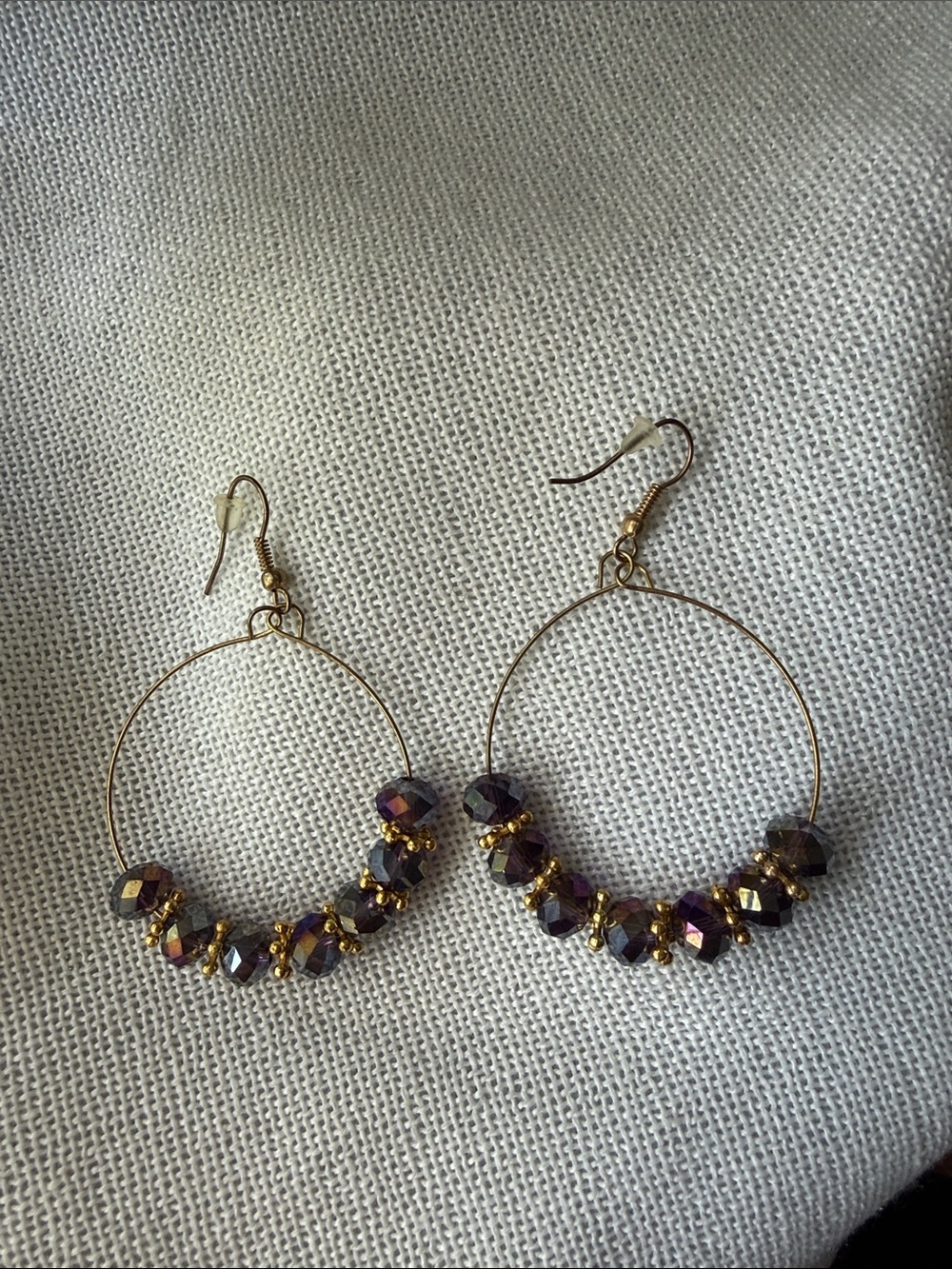 Gold Hoop Earrings with Iridescent Purple Beads